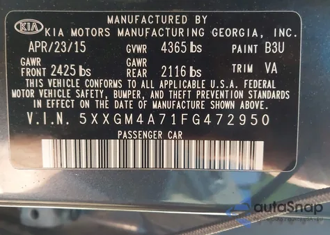 2015 Kia Optima Lx z USA, uszkodzony, nr VIN 5XXGM4A71FG472950